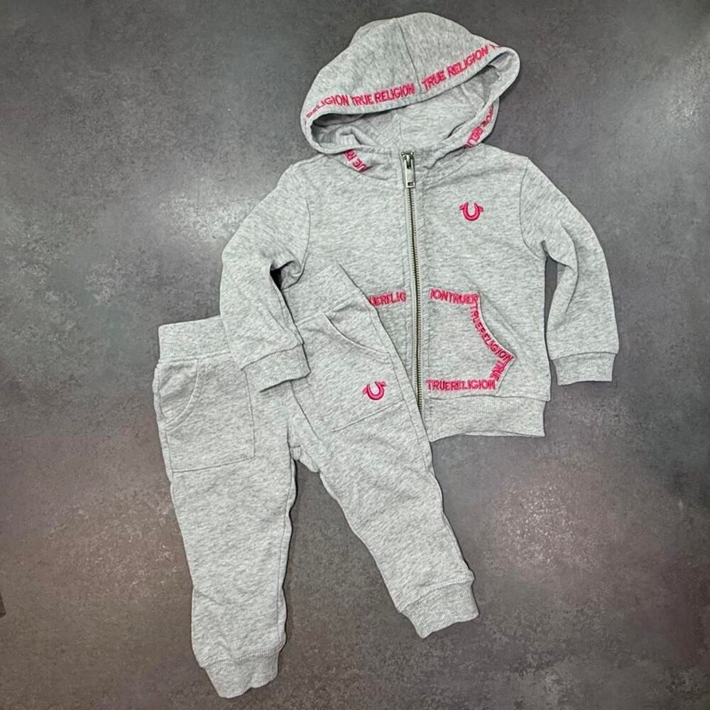 True Religion 12M Gray Zip Hoodie Jogger Set Pink Embroidery Logo